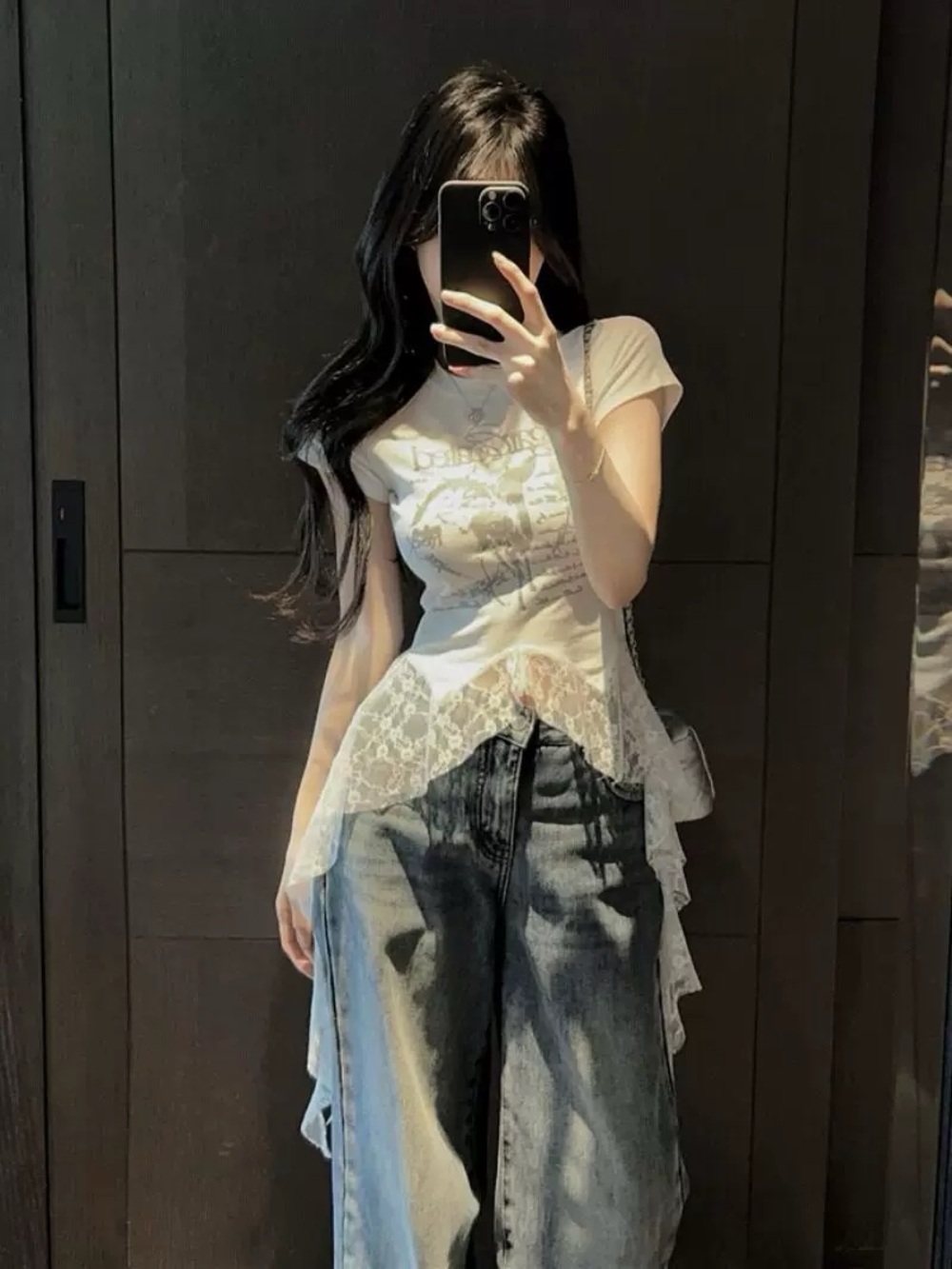 White Lace-Hem Graphic Tee